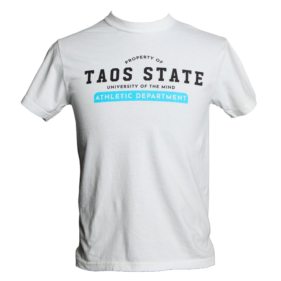Property of Taos State Athletic Department tee in white