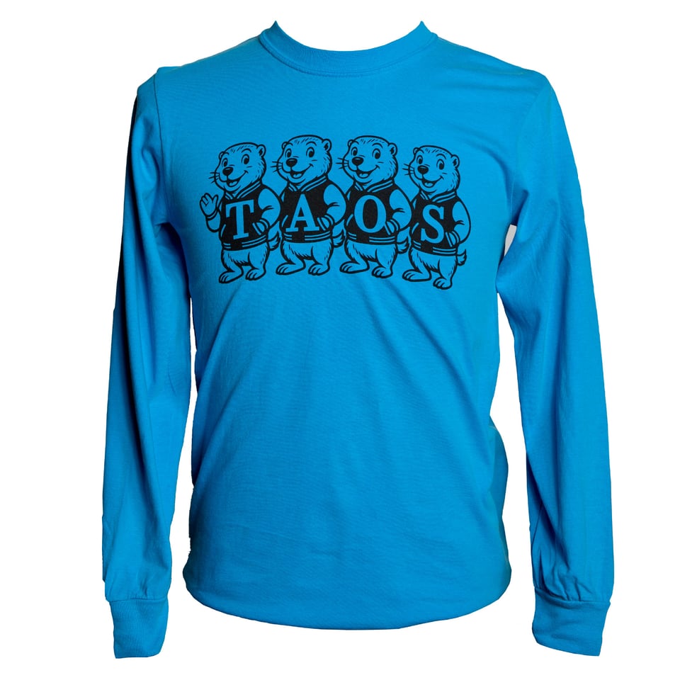 Four GoDogs spelling TAOS, long sleeve in ocean blue